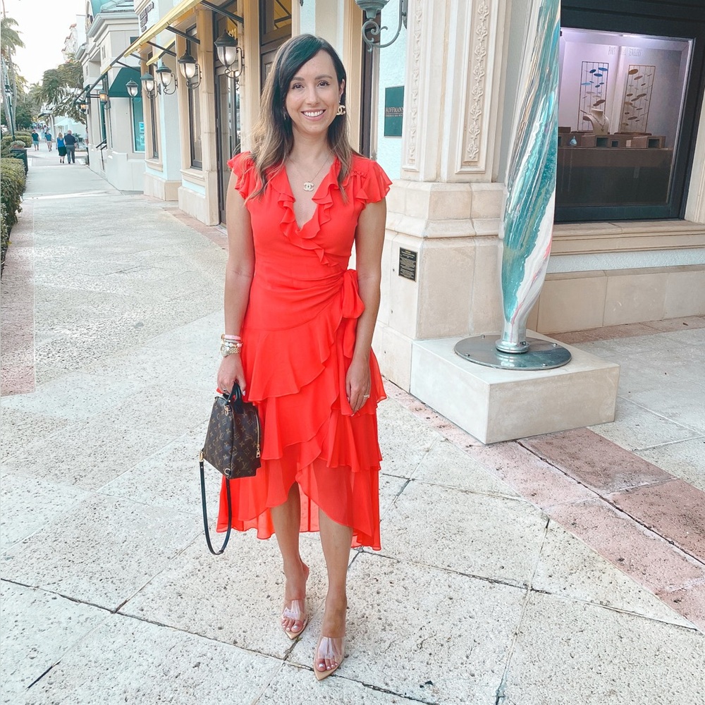 Hale Bob Red Ruffled Wrap Midi Dress
